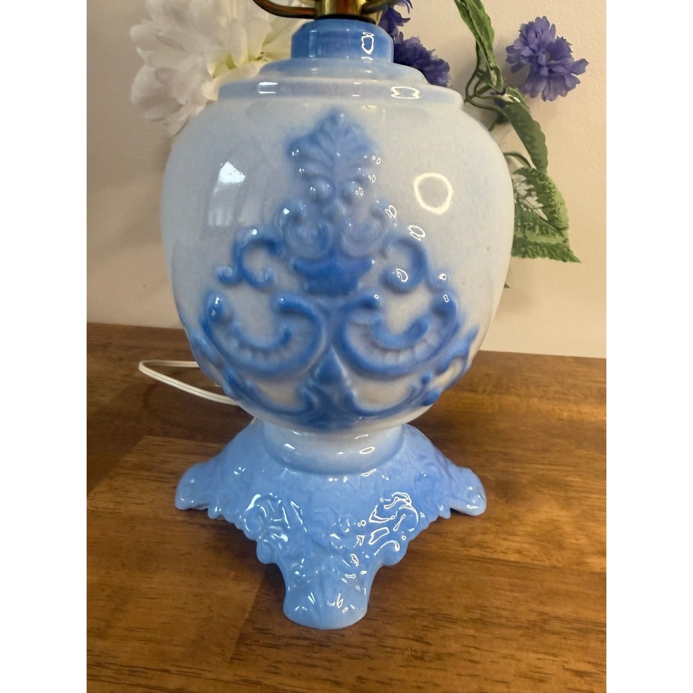 Vintage Blue Milk Glass Table Lamp Hand Painted Floral Hurricane Shade 3 Way - Picture 3 of 15